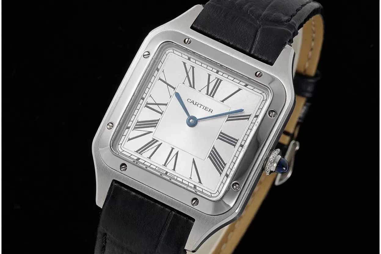Santos Dumont Black Calf Leather SS / LE Silver Dial AF Quartz